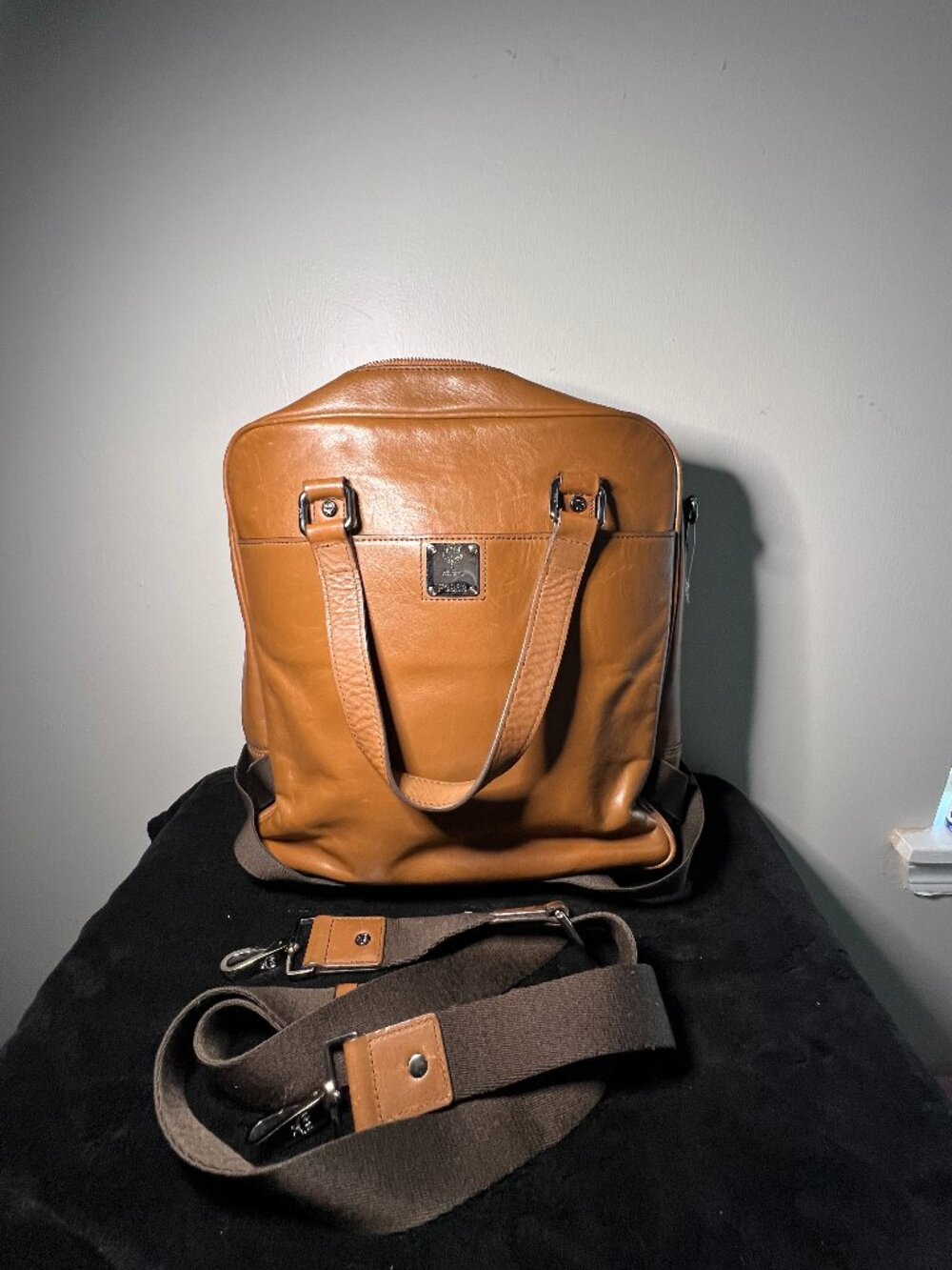 Authentic MCM Cognac Leather Business Backpack Laptop Travel Bag EUC